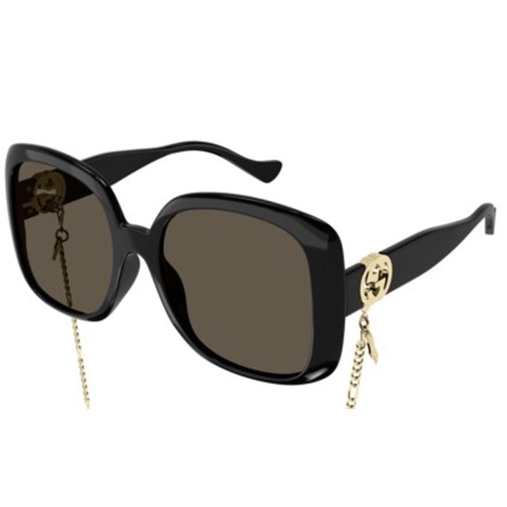 Gucci GG1029SA 001 Black Gold Chain Women Sunglasses Brown Grey Lens Large - Picture 3 of 6